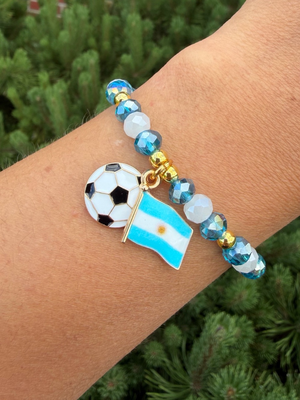 Soccer & Argentina Flag Beaded Charm Bracelet - Blue White Gold